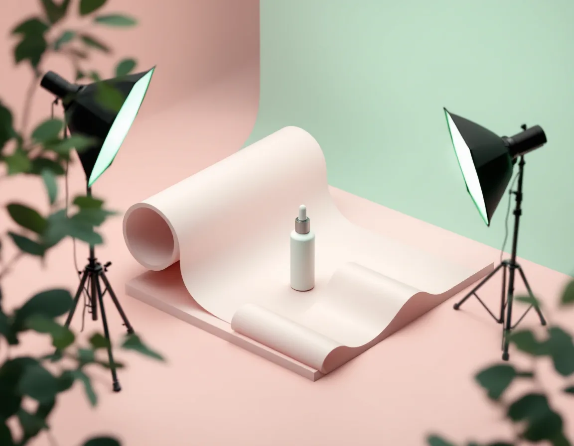Isometric render of a Fennwick Yard product photography set with softbox, camera and a bottle on a seamless sweep